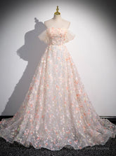 Champagne Tulle Flower Off the Shoulder Prom Dress